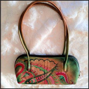 (EUC) ANUSCHKA, GENUINE LEATHER, HAND-MADE, HAND-PAINTED, PAISLEY, HANDLE BAG